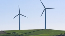Two wind turbines on a green field, in the background light blue sky