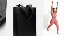 An image of a leather bag and an image of a woman doing Yoga.