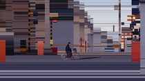 Person riding a bicycle through the city, background distorted