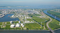 Overview of BASF production plant surrounded by water and greenery 