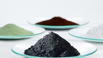 Precursor cathode active materials (green and brown powder), lithium carbonate (white powder) and cathode active materials (black powder).