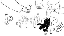 Illustration von einer Ansammlung von Menschen, über denen Like-Symbole schweben. Eine Person steht auf einem Podest. Ein großer Schatten macht sich um diese Person breit. Illustration von einer Ansammlung von Menschen, über denen Like-Symbole schweben. Eine Person steht auf einem Podest. Ein großer Schatten macht sich um diese Person breit.