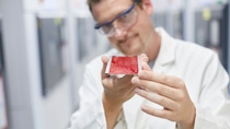 A laboratory employee inspects a painted metal sheet