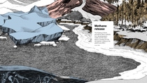 Infographic on methane release with a depiction of melting glaciers on water in the background. 