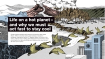 Infographic about Life on a hot planet and why we must act fast to stay cool. The background includes several landscapes such as a forest, a smoking volcano, a city and an underwater scene. A flock of birds are flying around.