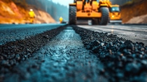 Using road construction resources, a worker is installing new asphalt road surface with space, Generative AI.