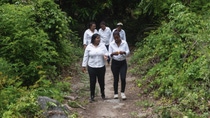 Five women on a forest path in Colombia Five women on a forest path in Colombia
