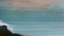 Painting of a cliff with surf and a cloudy sky