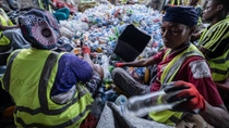 Three people sit in a pile of empty plastic bottles and sort them out. Three people sit in a pile of empty plastic bottles and sort them out.