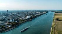 Aerial view of the BASF Group headquarters in Ludwigsburg on the waterfront.