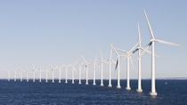 A row of white wind turbines stands in the ocean under a clear sky, generating renewable energy.