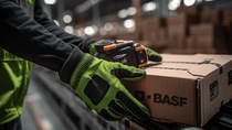 man holding box with basf logo at warehouse