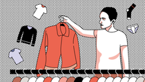 Illustration: a person looks at items of clothing.