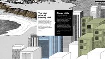 Infographic on the high price of keeping cool with air conditioning and how those systems can be made more efficient. there is a depiction of a cityscape behind the text overlay. 