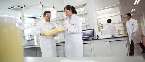Daniel Freidank (left) and Wei Leng (right), lab managers, check the quality of viscoelastic polyurethane foam. The density of a foam product depends on the type and amount of blowing agent, and the flexibility or rigidity on the structure of polyols and isocyanates involved.
Print free of charge. Copyright by BASF