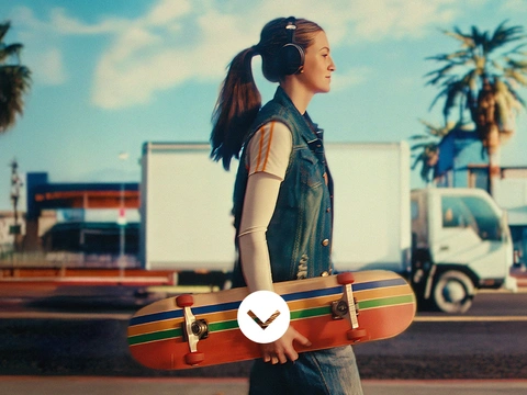 A young woman with headphones walks along a city street holding a skateboard. In the background there are palm trees, buildings, and a truck. A light swirl appears on the road surface.