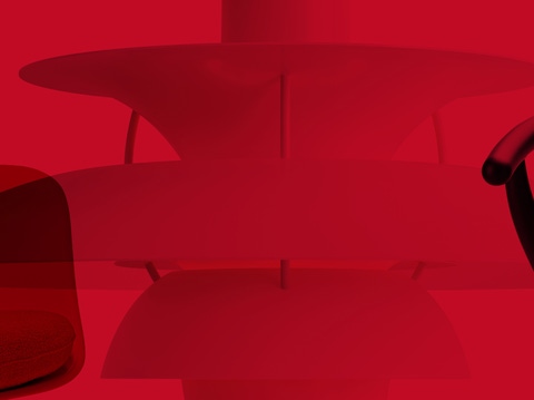 Collage mit Tulip Armchair, Lampe PH-5 Louis Poulsen, Wishbone Chair  