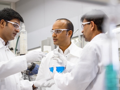 Dr. Vijay Swaminathan (center), Organic Synthetic Lab, BASF India, discusses ongoing research projects with his colleagues Manoojkumar Poonoth (left) and Nitin Gupte (right), both chemists. The researchers are working on agricultural solutions, solutions for the energy and leather industry and specialty chemicals. They also synthesize intermediates for industrial applications. Dr. Vijay Swaminathan (center), Organic Synthetic Lab, BASF India, discusses ongoing research projects with his colleagues Manoojkumar Poonoth (left) and Nitin Gupte (right), both chemists. The researchers are working on agricultural solutions, solutions for the energy and leather industry and specialty chemicals. They also synthesize intermediates for industrial applications.