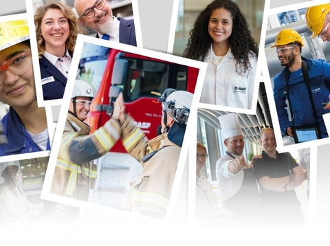 A mix of portraits and work scenes of BASF employees at the Ludwigshafen site. The images depict various professions in laboratories, offices, and production facilities.