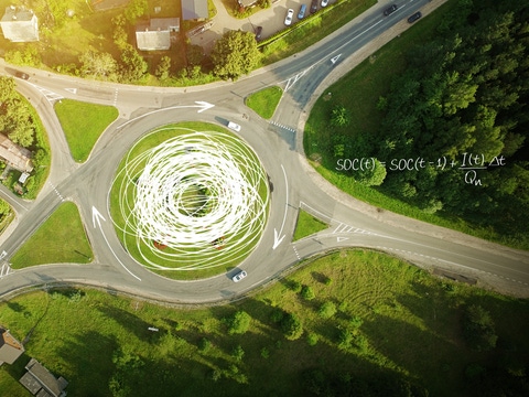 Luftaufnahme eines Kreisverkehrs mit vier Ausfahrten, umgeben von Bäumen und grünen Feldern – wissenschaftliche Gleichungen und Skizzen, die den Verkehrsfluss hervorheben, werden auf dem Bild überlagert. Luftaufnahme eines Kreisverkehrs mit vier Ausfahrten, umgeben von Bäumen und grünen Feldern – wissenschaftliche Gleichungen und Skizzen, die den Verkehrsfluss hervorheben, werden auf dem Bild überlagert.