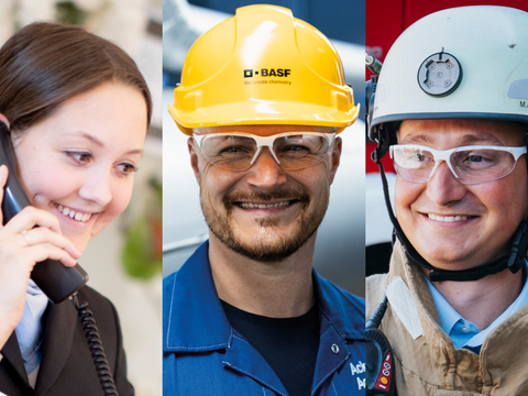 Verschiedene BASF-Mitarbeitende aus Gastronomie, Hotel, Produktion, Werkfeuerwehr und Medizin in Arbeitskleidung. Verschiedene BASF-Mitarbeitende aus Gastronomie, Hotel, Produktion, Werkfeuerwehr und Medizin in Arbeitskleidung.
