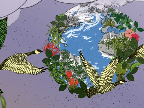 An illustration of three birds flying in front of a depiction of the earth with plants and building growing out of it