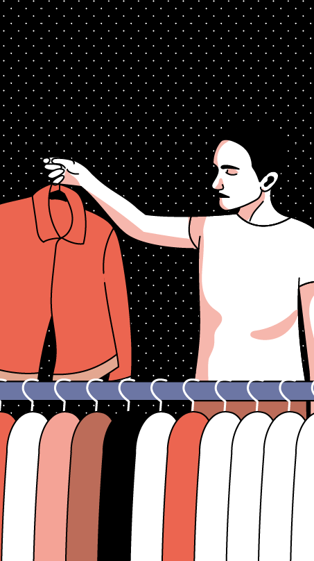 Illustration einer Person, die Kleidung von einem Kleiderständer nimmt. Illustration einer Person, die Kleidung von einem Kleiderständer nimmt.