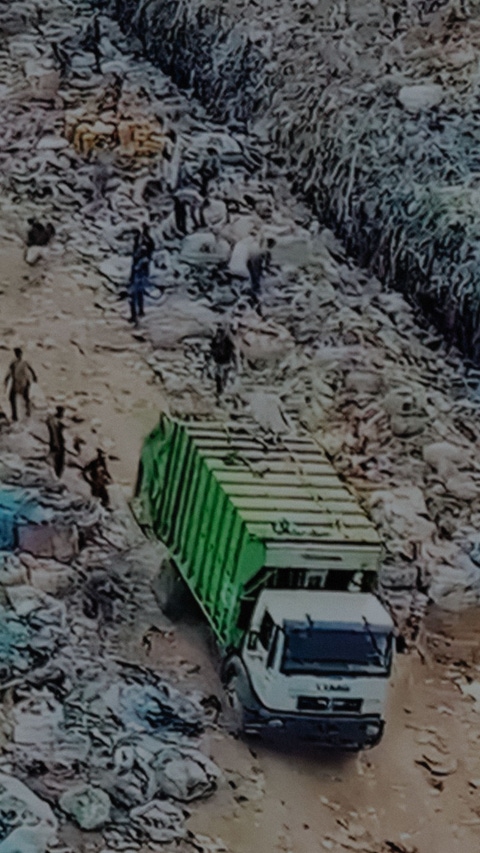People pick up rubbish on a street full of plastic and rubbish bags People pick up rubbish on a street full of plastic and rubbish bags
