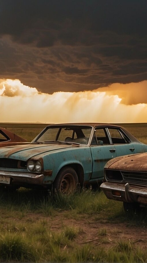 Three rusty cars on a green field with storm clouds in the background. AGA. Stable Diffusion 1.0.