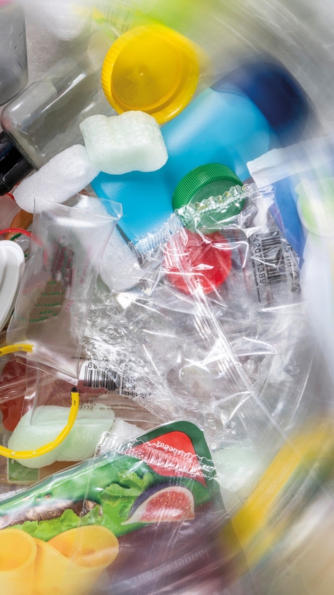 Circular economy means the decoupling of growth and resource consumption. The picture represents the variety of plastic waste of an average household. The aim is to establish a new understanding of plastic waste as a resource and to see research into recycling possibilities as an opportunity. BASF contributes to closing and expanding the cycles by developing and implementing recycling solutions for the materials we purchase, further optimizing our operations and offering resource-efficient products and services that support our customers' recycling targets. 