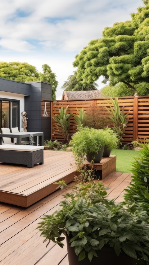 The renovation of a modern home extension in Melbourne includes the addition of a deck, patio, and courtyard area. The renovation of a modern home extension in Melbourne includes the addition of a deck, patio, and courtyard area.