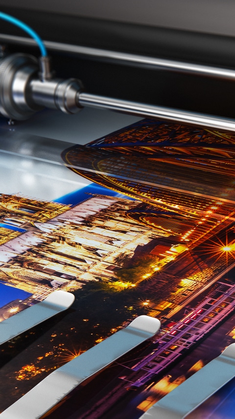 3D render illustration of printing photo banner on large format color plotter in typography or print house printshop 3D render illustration of printing photo banner on large format color plotter in typography or print house printshop