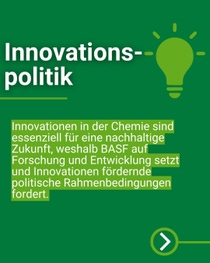 Grafik zum Thema Innovationspolitik mit Text über die Bedeutung chemischer Innovationen und BASFs Investitionen in Forschung und Entwicklung.