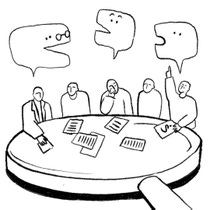 Illustration of group of discussing people gathered around oversized magnifying glass. Illustration of group of discussing people gathered around oversized magnifying glass.