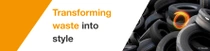 A pile of car tires is stacked together. A light swirl is above the tires. The text reads “Transforming waste into style”. A pile of car tires is stacked together. A light swirl is above the tires. The text reads “Transforming waste into style”.