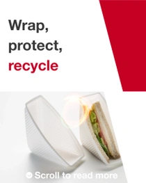 A sandwich partially wrapped in a white plastic wrapper is positioned on the left of the image. On the right, the text reads: "Wrap, protect, recycle" A sandwich partially wrapped in a white plastic wrapper is positioned on the left of the image. On the right, the text reads: "Wrap, protect, recycle"