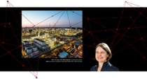 Portrait of Andrea Haunert with an image of a cityscape beside her. The image caption reads: BASF technologist Dr. Andrea Haunert is working with partners SABIC and Linde on a project for electrically heated steam cracker furnaces. 
