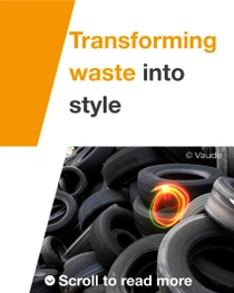 A pile of car tires is stacked together. A light swirl is above the tires. The text reads “Transforming waste into style”. A pile of car tires is stacked together. A light swirl is above the tires. The text reads “Transforming waste into style”.