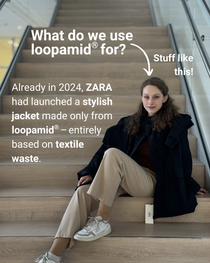 A woman is sitting on a staircase, and an arrow points to the jacket she is wearing, indicating that it is made from recycled textile waste. A woman is sitting on a staircase, and an arrow points to the jacket she is wearing, indicating that it is made from recycled textile waste.