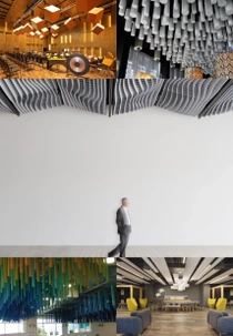 Collage of modern ceilings demonstrating innovative acoustic and aesthetic solutions for various architectural spaces. Collage of modern ceilings demonstrating innovative acoustic and aesthetic solutions for various architectural spaces.