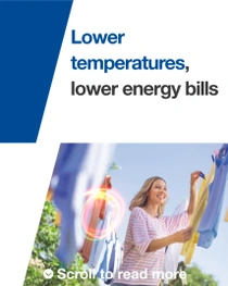  A smiling woman hangs laundry on an outdoor clothesline. A light swirl hovers above the laundry. The text on the image reads: "Lower temperatures, lower energy bills."