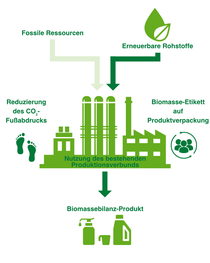 Eine Infografik, die den Ansatz zur zertifizierten Biomassebilanz von BASF zeigt. Eine Infografik, die den Ansatz zur zertifizierten Biomassebilanz von BASF zeigt.
