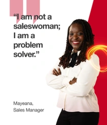 A female BASF employee in the US, in a white shirt, standing against a red and white background. There is a light swirl around her shoulder. The text reads: "I am not a saleswoman; I am a problem solver." A female BASF employee in the US, in a white shirt, standing against a red and white background. There is a light swirl around her shoulder. The text reads: "I am not a saleswoman; I am a problem solver."