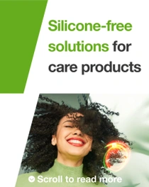 A smiling woman with black curly hair. A light swirl hovers over her hair. The text on the image reads: "Silicone-free solutions for care products."
