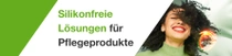 Eine lachende Frau mit schwarzen, lockigen Haaren. Ein Lichtwirbel schwebt über ihrem Haar. Der Text auf dem Bild lautet: „Silikonfreie Lösungen für Pflegeprodukte.“ Eine lachende Frau mit schwarzen, lockigen Haaren. Ein Lichtwirbel schwebt über ihrem Haar. Der Text auf dem Bild lautet: „Silikonfreie Lösungen für Pflegeprodukte.“