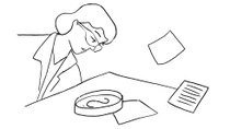 Illustration einer Frau, die fragend in einer Lupe auf dem Tisch sieht, während Zettel im Raum umher fliegen Illustration einer Frau, die fragend in einer Lupe auf dem Tisch sieht, während Zettel im Raum umher fliegen