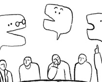 Illustration einer Gruppe diskutierender Menschen, die sich um eine überdimensionale Lupe versammelt haben