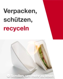 Ein Sandwich, teilweise in eine weiße Plastikverpackung eingewickelt, liegt auf der linken Seite des Bildes. Rechts steht der Text: „Verpacken, schützen, recyceln.“ Ein Sandwich, teilweise in eine weiße Plastikverpackung eingewickelt, liegt auf der linken Seite des Bildes. Rechts steht der Text: „Verpacken, schützen, recyceln.“