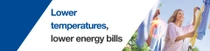  A smiling woman hangs laundry on an outdoor clothesline. A light swirl hovers above the laundry. The text on the image reads: "Lower temperatures, lower energy bills."