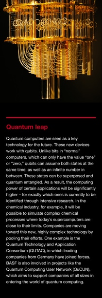 A golden quantum computer with text about the 'quantum leap' underneath. the text describes the use of quantum computers as key technology for the future.